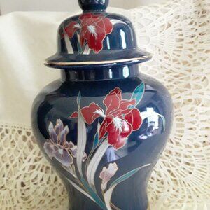 Vintage Japanese Ceramic Ginger Jar = Cobalt Blue with Floral Motif
